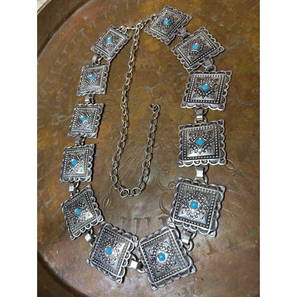 Concho Southwest Silver Unisex Chain belt adjustable to 52” Faux Turquoise new - Picture 2 of 10